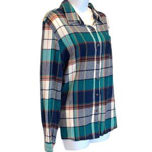 Natural Reflections Women's Plaid Flannel Teal Blue Collared Blouse Top SZ XL